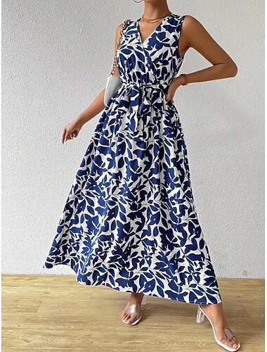  Damen Blumen V-Ausschnitt Maxikleid ärmellos Sommer Frühling