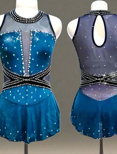  Eiskunstlaufkleid Damen Mädchen Eislaufen Kleid Blau Patchwork Netzstoff Spandex Hohe Elastizität Training Wettbewerb Eiskunstlaufkleidung Klassisch Kristall / Strass Ärmellos Eislaufen Eiskundstlauf
