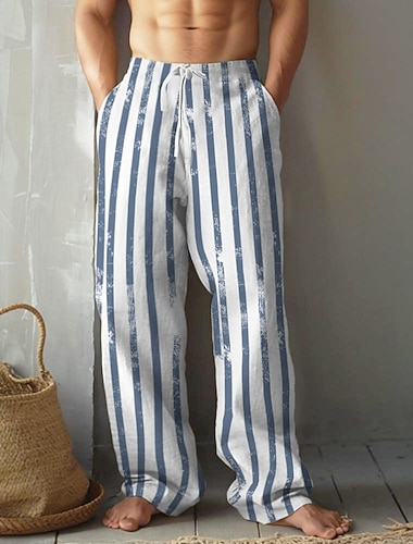  Homens Listrado Estampa Geométrica Calças Calça casual Cintura Média Cintura elástica com cordão Vintage retrô Ao ar livre Férias Feriado Calças de perna reta Verão Primavera Outono Impressão 3D Azul