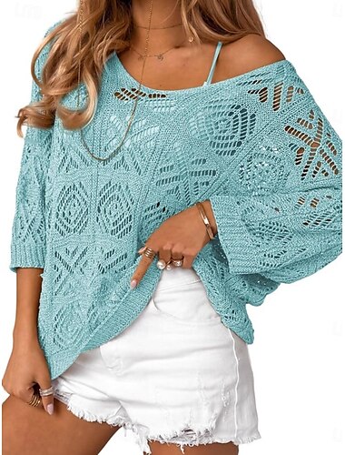  Femme Pull Chandail Décontractées Flexible Couleur monochrome A côtes Col V Tricoté Troué Manches 3/4 Hauts réguliers Tricoter Extérieur du quotidien Fin de semaine Vert Bleu clair Eté Printemps