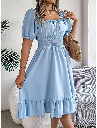  Damen Minikleid Casual kleid A Linie Kleid Milchmädchen-Kleid Stilvoll Basic Brautkleider schlicht Urlaub Täglich Regular Fit Glatt Kurzarm Quadratischer Ausschnitt Khaki Leicht Blau Sommer Frühling