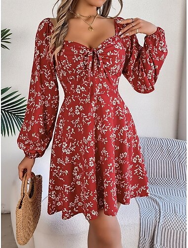  Damen Minikleid Casual kleid A Linie Kleid Stilvoll Brautkleider schlicht Urlaub Täglich Regular Fit Blumen Langarm Quadratischer Ausschnitt Rote Marineblau Frühling Herbst