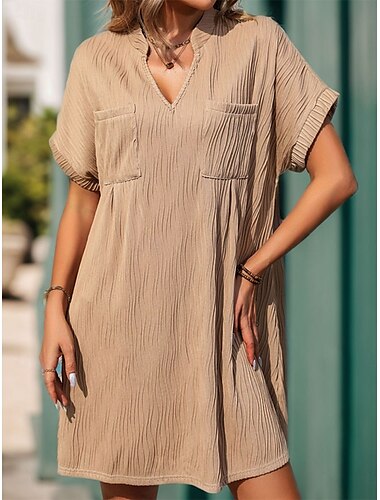  Robe casual Robe en coton et lin Robe unie Femme Mini robe Poche Sport & Loisir Plein Air Décontractées Col V Manche Courte Standard Kaki S M L XL