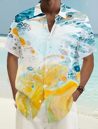  Herre Sjø Hawaii skjorte Aloha skjorte Langermet Hawaiisk Feriested Feriereise Avslappet Sommer Vår Høy krage Gul