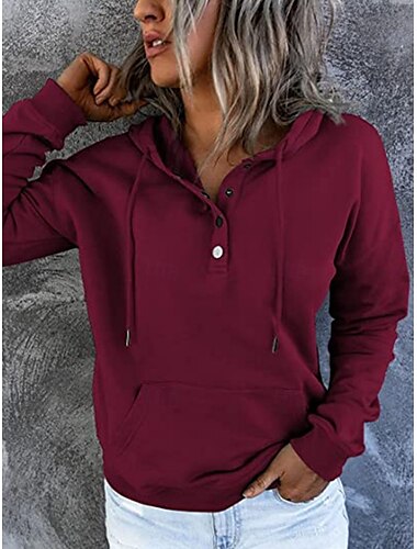  Damen Brautkleider schlicht Langarm Kapuzenpullover Normale Oberteile Strasse Alltagskleidung Patchwork Knopf Schwarz Wein Purpur Herbst Winter