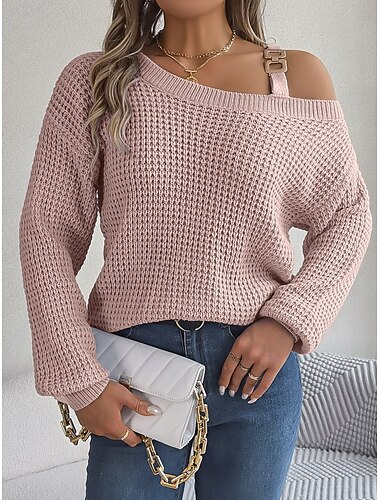  Damen Pullover Brautkleider schlicht Weich Einfarbig Grobstricken Ein-Schulter Strick Langarm Normale Oberteile Stricken Outdoor Täglich Wochenende Weiß Rosa Herbst Winter