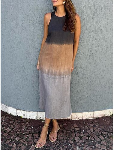  Femmes Bleu Gris Été Printemps Robe Midi Robes inspirées du lin Robe en coton et lin Robe longue en coton Élégant Mode Occasionnel Extérieur Quotidien Fête Coupe Ample A Ombre Col ras du cou