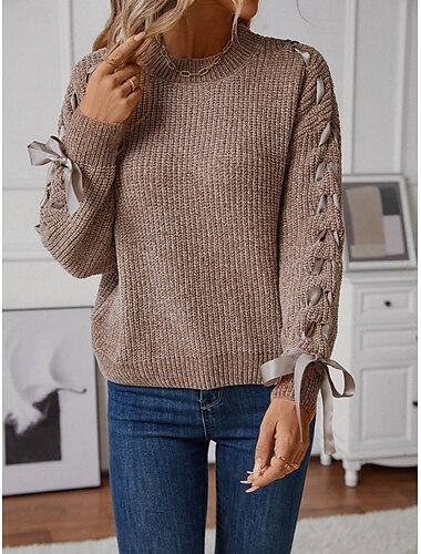  Damen Pullover Brautkleider schlicht Weich Einfarbig Gerippt Rundhalsausschnitt Patchwork Strick Langarm Normale Oberteile Stricken Outdoor Täglich Wochenende Rosa Khaki Herbst Winter