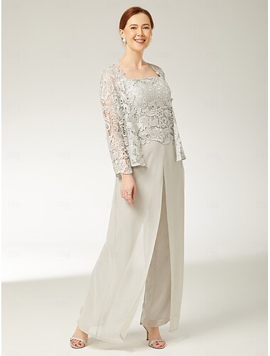  Jumpsuit  Hosenanzug 3-teilig Mutter der Braut Elegant Plus Size Quadratischer Ausschnitt Bodenlänge Chiffon kordelspitze ärmellos Wickel enthalten mit Spitzenapplikationen 2025