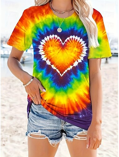  Valentine Γυναικείο T Shirt Καρδιά Γλυκό Tie Dye Κανονικά Μπλούζες Μακρύ μανίκι Round Neck Εκτύπωση Κανονική Εφαρμογή Ημέρας Καθημερινά Ουράνιο Τόξο Καλοκαίρι