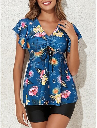  Femme Maillots de Bain Tankini 2 pièces Jambe de garçon Maillot de bain A Volants Dos Nu Taille haute Vacances Tenues de plage Floral Col V Manches courtes Maillots de bain