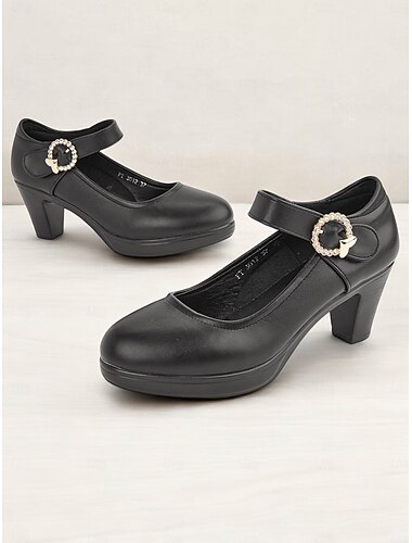  décolleté nere da donna modello Mary Jane con fibbia in strass e tacco spesso, scarpe comode in stile classico per ufficio, feste e uso quotidiano