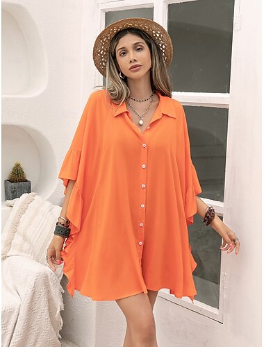  Damen Tunika Elegant Brautkleider schlicht Kurzarm Hemdkragen Normale Oberteile Täglich Patchwork Orange Frühling, Herbst, Winter, Sommer