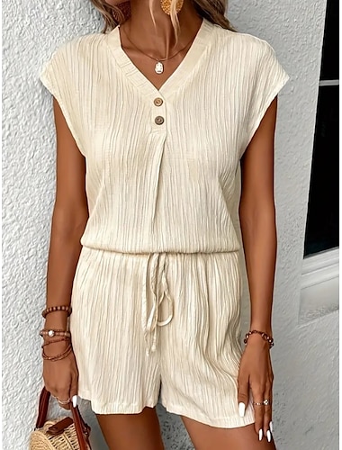  Dam Pyjamas set Ledigt Komfort Ren färg Elastisk midja Linne Shorts Hem Dagligen Kortärmad V-hals Svart Vit Beige Sommar Vår Höst Normal