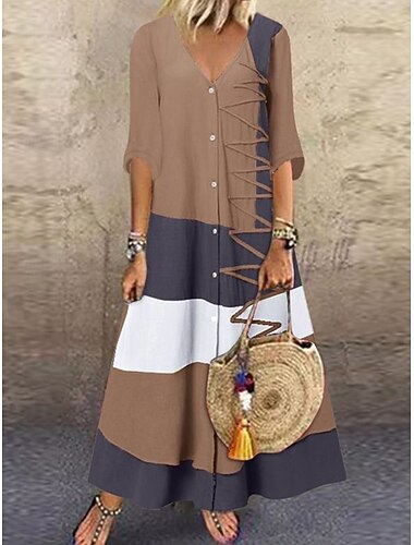  robe longue à col en V et blocs de couleurs pour femmes, demi-manches, été