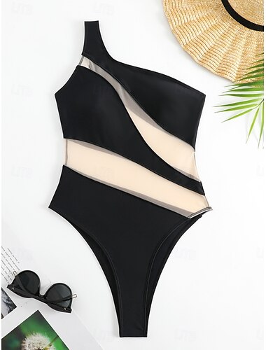  Mujer Bañadores Una pieza Monokini Traje de baño Espalda al Aire Control de barriga Alta cintura Delgado Vacaciones Ropa de playa Bloque de color Cuello asimétrico Sin Mangas Trajes de baño