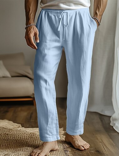  Herren Leinenhose Hose Hosen Sommerhosen Strandhose Kordelzug Elastische Taille Glatt Komfort Atmungsaktiv In voller Länge Heim Casual Täglich Modisch Klassicher Stil Schwarz Weiß