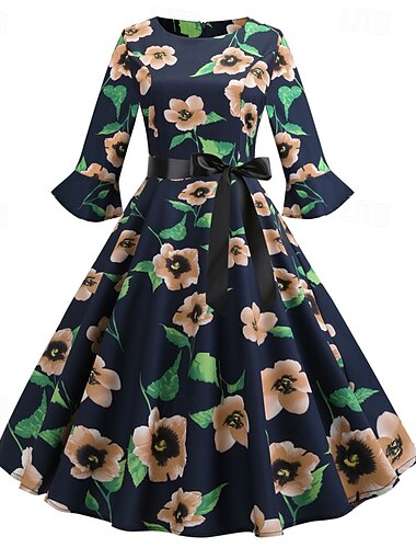  Elegant كلاسيكي 1950-tallet Kjoler Blomstret A-linje Dame Valentinsdag Fest Stevnemøte Te Fest Voksne Kjole Vår sommer