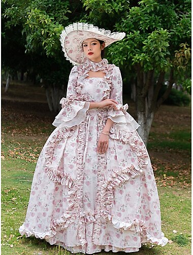  Vintage Rococò Barocco Maxi Vestito A sbuffo Principessa Ragazza di campagna Principessa Collo quadrato Normale Halloween Carnevale Mascherata Performance Feste Halloween Adulti Tutte le stagioni