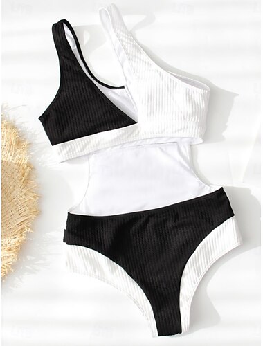 Damen Badeanzug Ein Stück Monokini Bademode Rückenfrei Bauchkontrolle Hohe Taillenlinie Schlank Urlaub Strandbekleidung Feste Farbe Asymmetrischer Hals Ärmellos Badeanzüge