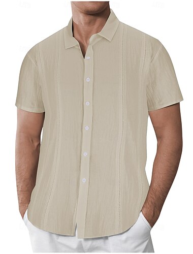  Men's Linen Shirt Guayabera Shirt Summer Shirt Beach Shirt Solid Color Vacation Street Black White Blue Khaki Short Sleeve Fold-over Collar Spring & Summer Clothing Apparel