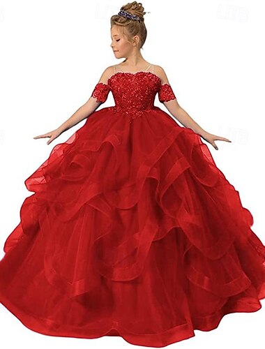  Blumenmädchenkleid Kinder Mädchen Prinzessinenkleid Leistung Hochzeit Party Elegant Schön Gitter Feste Farbe Ärmellos Schulterfrei Hellrosa Weinrot 4 Jahre +