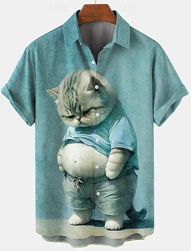  Voor heren De kat Normaal shirt Overhemd met knopen Korte mouw Lelijk Casual Casual Zomer Lente Strijkijzer Dichtknopen Geel Rood Groen