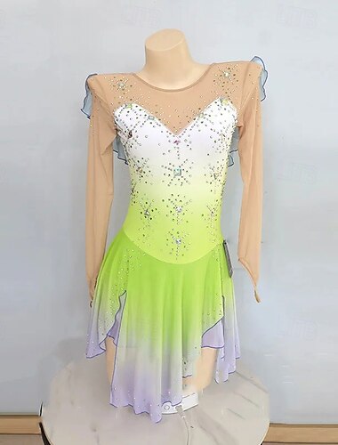  Eiskunstlaufkleid Damen Mädchen Eislaufen Kleid Grün Daumenloch Netzstoff Hohe Elastizität Training Wettbewerb Eiskunstlaufkleidung Klassisch Kristall / Strass Langarm Eislaufen Eiskundstlauf
