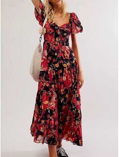  Damen Maxidress Casual kleid Schaukelkleid A Linie Kleid Boho-Kleid Böhmen Vintage Brautkleider schlicht Urlaub Täglich Regular Fit Blumen Kurzarm V Ausschnitt Rote Orange Beige Frühling Herbst
