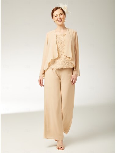  Jumpsuits 3 Delige Moeder van de Bruid Elegant Plus Size Wrap Inclusief Bateau Hals Vloerlengte Chiffon Mouwloos met Kant 2025