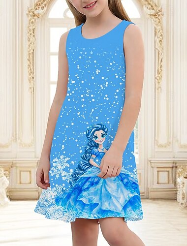  Girls ' 3D Grafika Rajzfilm Hópehely Ruha Ujjatlan Nyár Tavasz Vakáció Napi Szabadság Hercegnő gyönyörű Édes Gyerekek 4-12 év hétköznapi ruha A vonalú ruha Térdig érő Normál