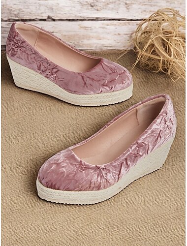  Espadrilles-Keilschuhe aus rosa Samt für Damen, lässige Slip-On-Plateau-Flats für den Sommer und den Alltag