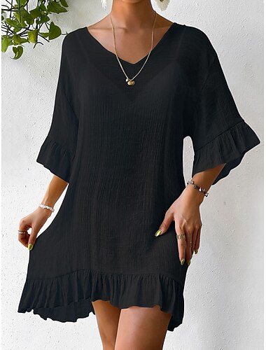  Dames Halflange jurk Katoenmengeling Hemdjurk Zonnejurk Witte jurk Elegant Stijlvol Casual Dagelijks Vakantie Normale pasvorm Effen Korte mouw V-hals Zwart Wit Zomer