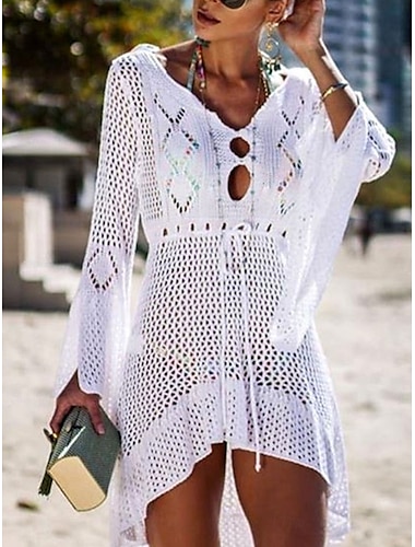 Vestidos de playa para mujer cubiertas de baño trajes de baño cintura alta ropa de playa de vacaciones color sólido cuello en V manga larga