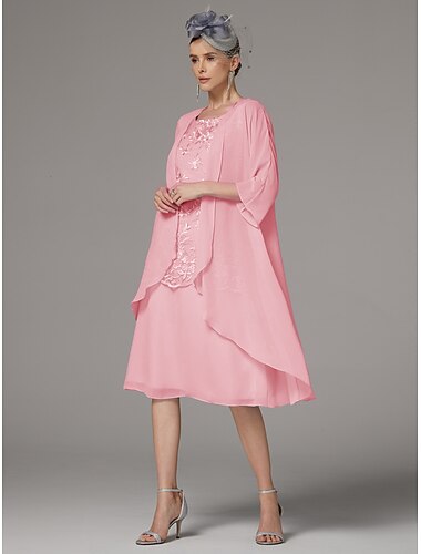  Zwei Stücke Säulen-Hosenanzug Mutter der Braut Kleid Strandhochzeit Elegant Juwelenhals Tee Länge Chiffon Spitze ärmellose Jacke Kleider mit Applikationen Derby Kleid Renntag Kleid 2025
