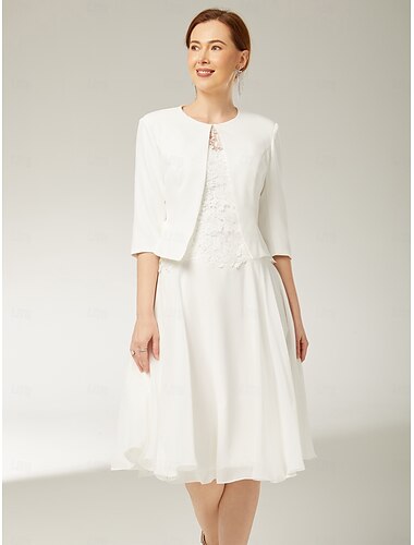  tweedelig mantel/kolom moeder van de bruid jurk strand bruiloft elegant juweel hals knie lengte chiffon satijn kant 3/4 lengte mouw kort jasje jurken met applicaties 2025