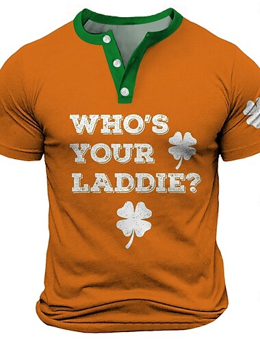  Men's St. Patrick Funny "WHO'S YOUR LADDIES" T Shirt Henley Shirt Short Sleeve Designer Retro Vintage Street Casual Daily Summer Spring Black Green Orange Henley Henley T-Shirt