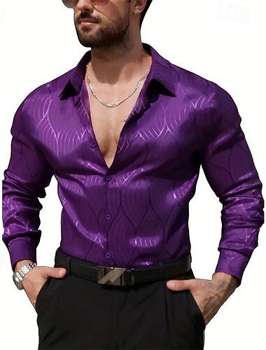  Miesten Paita Kesä paita Rento paita Button Up paita Musta Valkoinen Punastuvan vaaleanpunainen Sininen Purppura Pitkähihainen Jakardi Kauluskäänne Loma Pyhäpäivä Tilkkutäkki Vaatetus Polyesteri