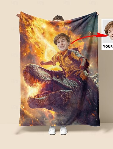  Kleiner Junge reitet Dinosaurier Personalisierte Fotodecke Anpassbare weiche und gemütliche Decke Mit einem lustigen Dinosaurier Design mit deinem Foto Perfekt für Kinderzimmer Geschenke oder