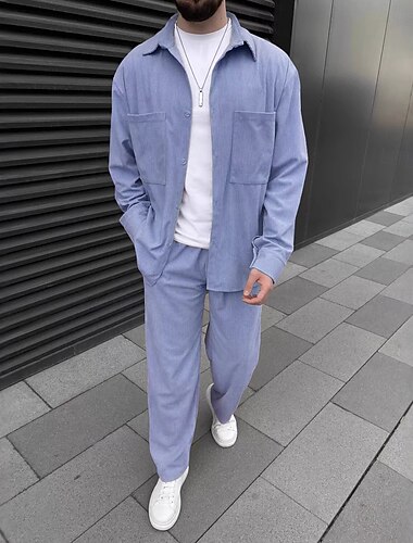 Herren Hemd 2 Stück Hemden-Set Passende Sets Lässiges Hemd Cord Hemd Braun Grün Kaki Grau Leicht Blau Langarm Feste Farbe Kragen Strasse Täglich Bekleidung Modisch Brautkleider schlicht Komfortabel