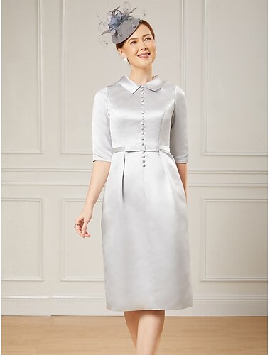  Sheath  Kolom Moeder van de Bruid Jurk Elegant Minimalistisch Overhemd Kraag Knie Lengte Thee Lengte Stretch Satijn Halve Mouw met Ceintuur  Lint Derby Jurk Race Dag Jurk 2025
