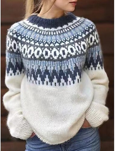  Mujer Pulóveres Casual Suave Geométrico Cachemir Estriado Cuello Barco De Punto Manga Larga Tops regulares Tejer Exterior Diario Fin de semana Rojo Azul Piscina Otoño Invierno