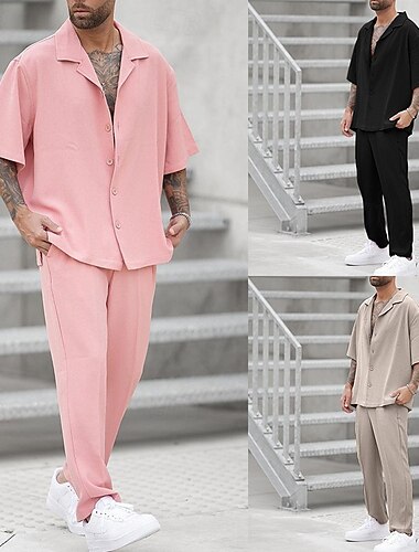  Hombre 2 Piezas Conjunto de camisa conjunto de verano Camisa casual Abotonar la camisa Negro Rosa Color Caquí Media Manga Plano Cuello Vacaciones Diario Ropa Moda Casual Cómodo