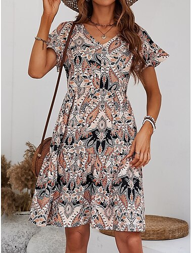  Dámské Mini šaty Volnočasové šaty Áčkové šaty Boho šaty Vinobraní stylové Na běžné nošení Dovolená Denní Běžný Kašmírový vzor Krátký rukáv Do V Černá Fialová Jaro Podzim