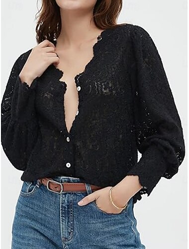  Women's White Elegant Lace Tops Eyelet Blouse Casual Solid Color Regular Tops Long Sleeve V Neck Lace Patchwork Regular Fit Daily Romantic Petite Tops Summer Holiday Wear Black White Beige