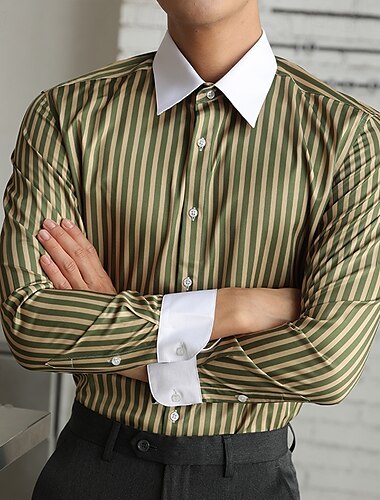  Herre Skjorte Dresskjorter Skjorte med knapper Stripe Bryllup Fest Svart Hvit Lysegrønn Blå Langermet Knaphul Vår & Vinter Klær