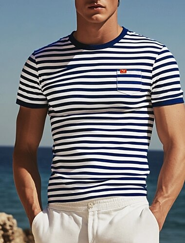  Herren T Shirt T-Shirt Kurze Ärmel Rundhalsausschnitt Sommer Gestreift Mode Designer Basic Fronttasche Urlaub Straße Ausgehen Schwarz Rote Hellgrau Top T-Shirt für Herren