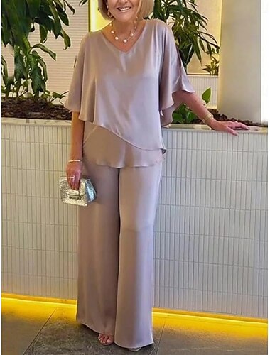  Mujer Moda Ropa de calle Diario Blusa Pantalones de pierna ancha Manga 3/4 Escote en Pico Plano Volante Casual Diario Rosa Morado Caqui Primavera & Otoño Ajuste regular