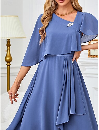  Damen A Linie Kleid Rüsche Glanz Halbe Ärmel kleid hochzeitsgast Cocktailparty Blau