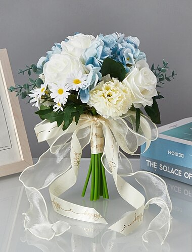  bouquet da sposa per la sposa, bouquet da sposa blu e bianco con fiori di seta artificiale e rose finte, composizione floreale fresca e unica per matrimoni